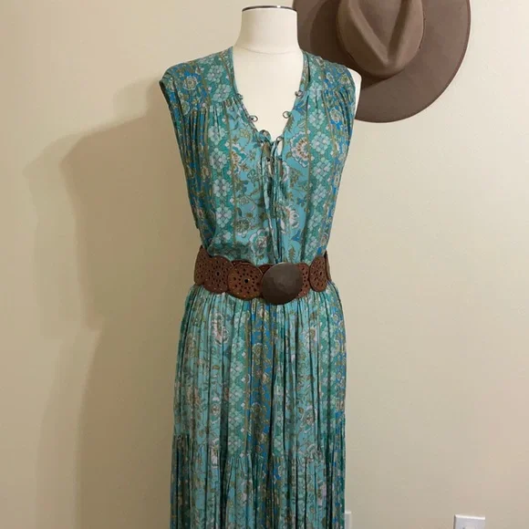 FREE PEOPLE Blue Boho Floral Print Crinkle Maxi Dress Teal Hanalei Bay - Picture 6 of 16
